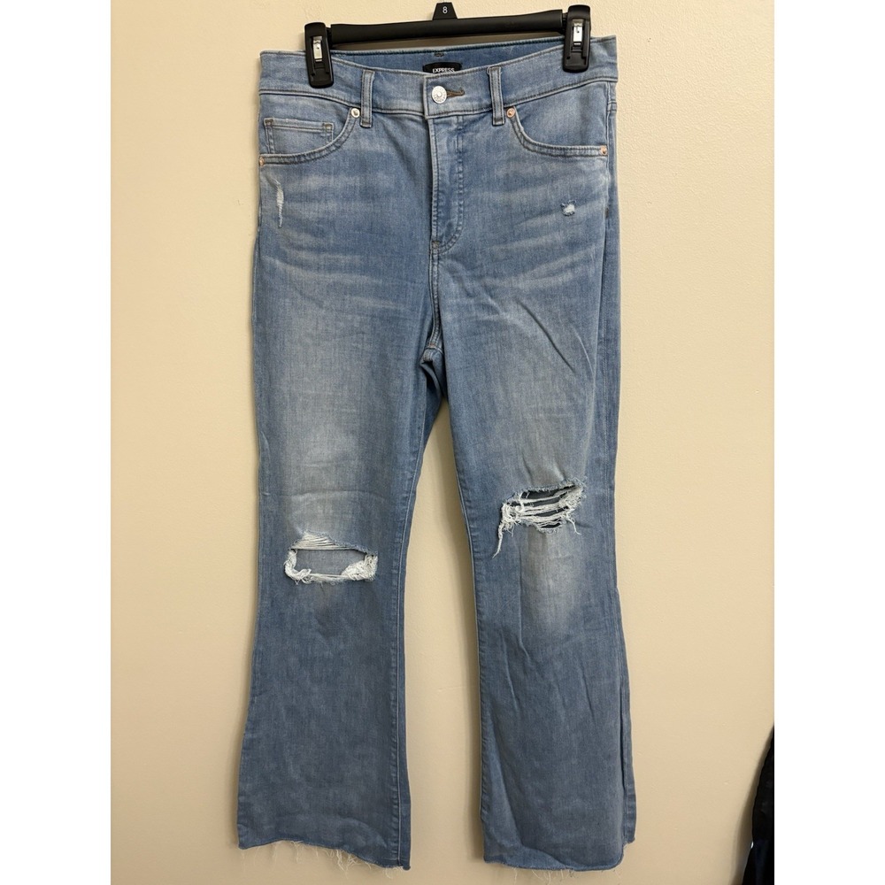 Express High Rise Flare Jeans Women's Size 8 Light Wash Distressed Raw Hem